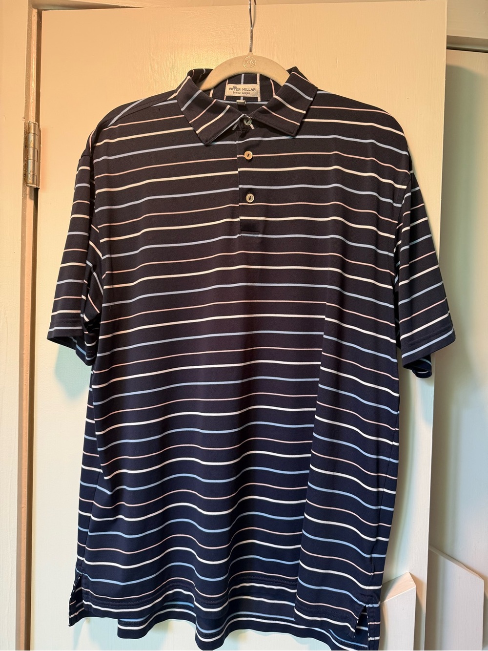 Peter Millar Summer Comfort Style Navy, Pink & White Horizontal Stripe Polo